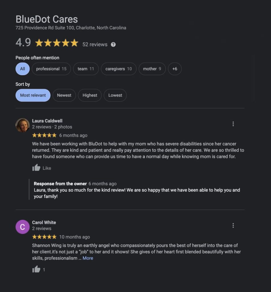 bluedot cares nc google reviews