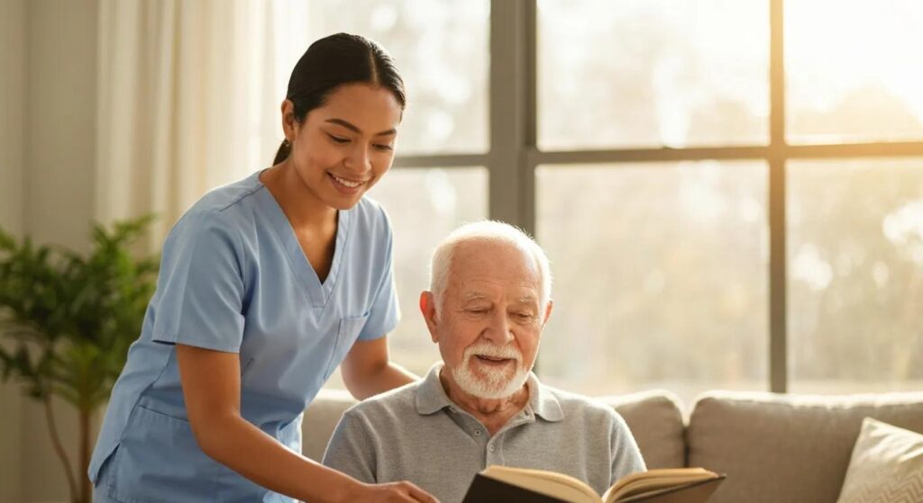 Caregiver offering gentle guidance to a senior with memory challenges during a calm daily activity in their home environment.