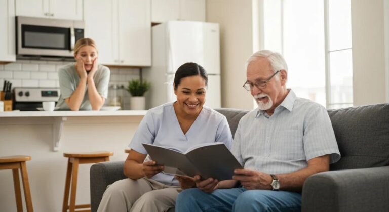 Warm home interior with a caregiver and senior on a couch reviewing care brochures while a family member glances over with relief—symbolizing the search for respite care options in Charlotte.