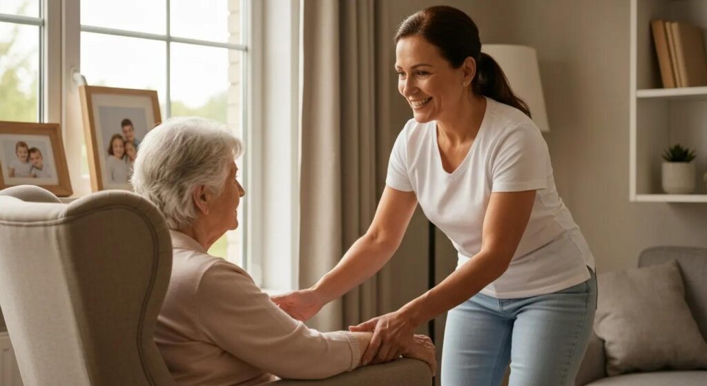 Caregiver providing supportive respite care for an older adult at home while a family member steps away for a break.