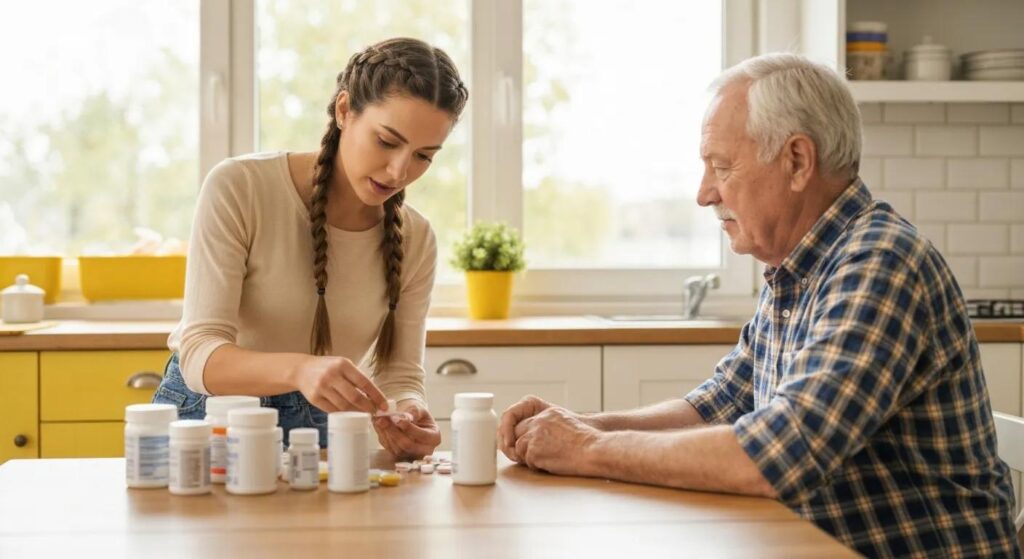 Adult daughter noticing changes in her aging parent’s daily routines while helping organize medications at the kitchen table.