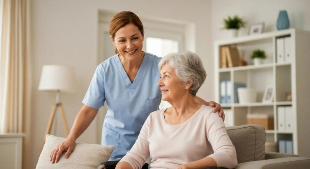 A caregiver helping an older adult with daily activities at home, showing the kinds of in‑home support that help people stay safely in their homes.