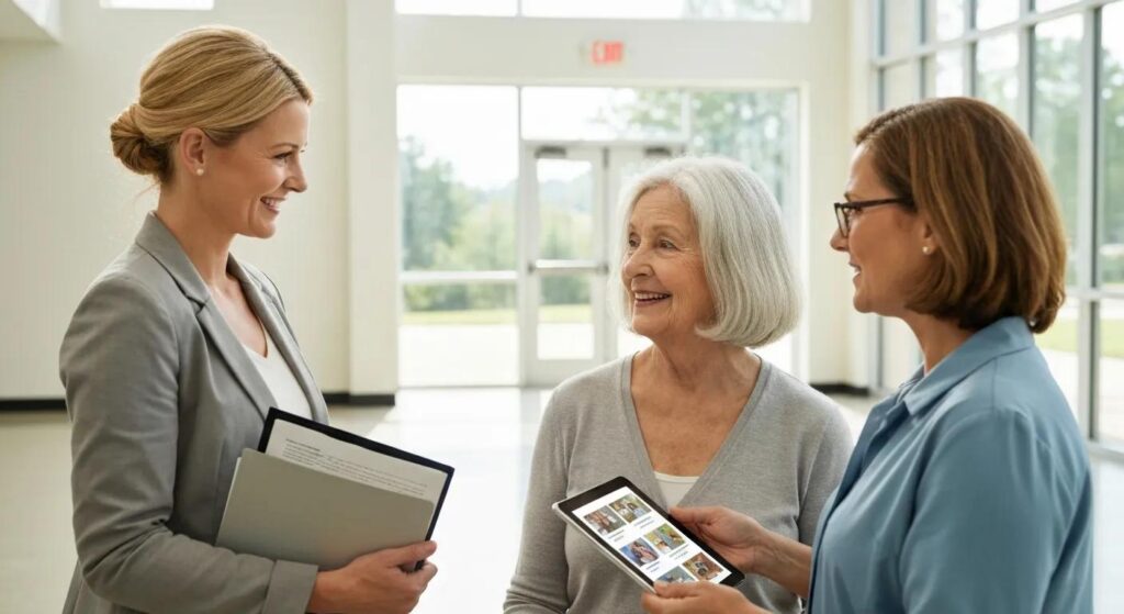 Daughter and aging parent meeting with a community support advisor to review senior program options in Charlotte.