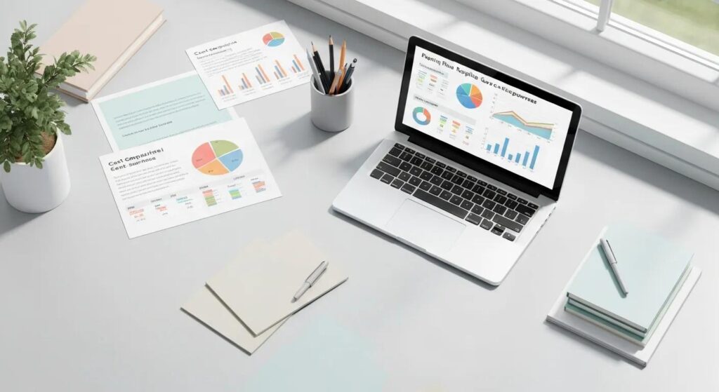 Overhead view of a tidy workspace with charts, cost comparison sheets, and a laptop open to budgeting tools for planning dementia respite expenses.