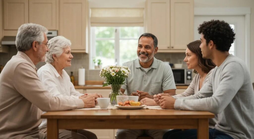 Family talking through a senior care transition plan with a supportive care coordinator around a dining table.
