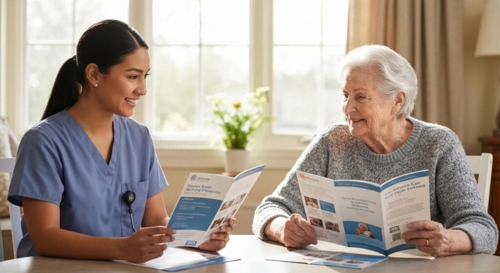 Caregiver and senior reviewing a range of in-home care service options together at a table with brochures for Charlotte support programs.