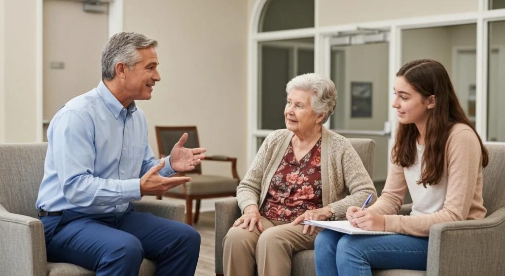 Senior care advisor meeting with an older adult and family member during a Charlotte senior living placement consultation