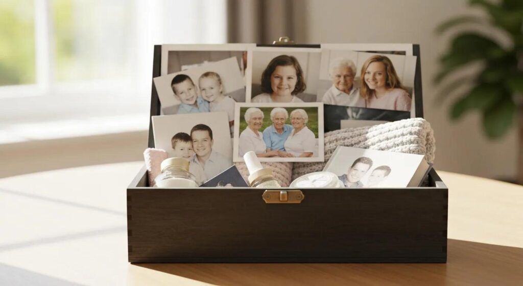 Soft-focus image of a memory box on a table with photos, keepsakes, and calming items used to support families evaluating dementia care options.