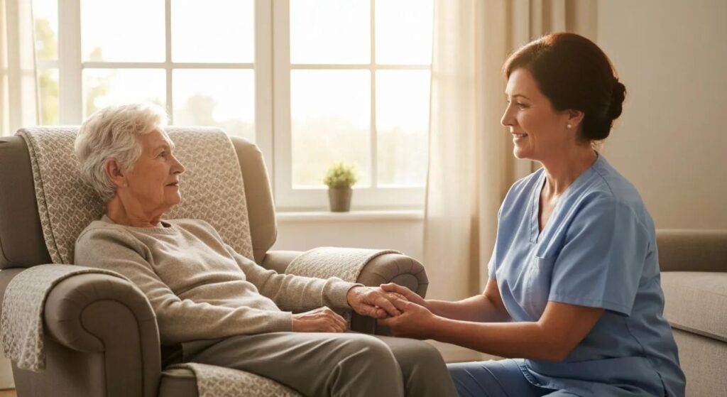 Daughter gently resting her hand on her parent’s shoulder while a caregiver offers supportive guidance nearby, illustrating family-centered dementia care.