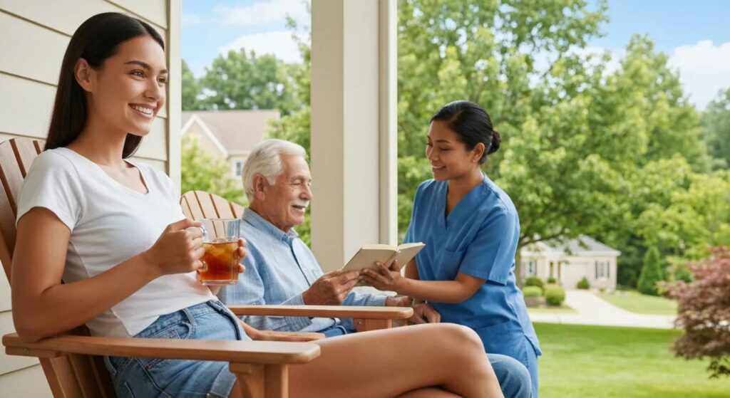 Family caregiver taking a quiet break on a porch while a respite caregiver supports their loved one inside, illustrating how local respite care in Charlotte eases burnout.