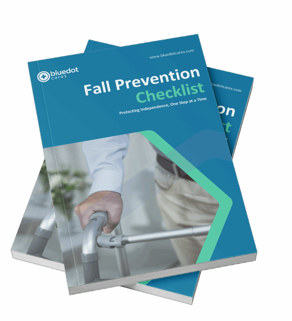 BlueDot Cares Fall Prevention Checklist booklet mockup showing the cover design and title.