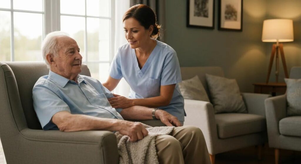 Caregiver offering calm, supervised respite care to a senior with dementia in a comfortable home environment.