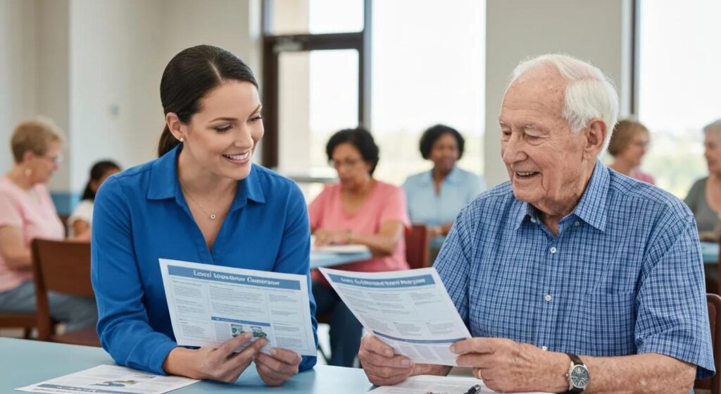 Care coordinator reviewing local Charlotte senior support program resources with an older adult at a community center.