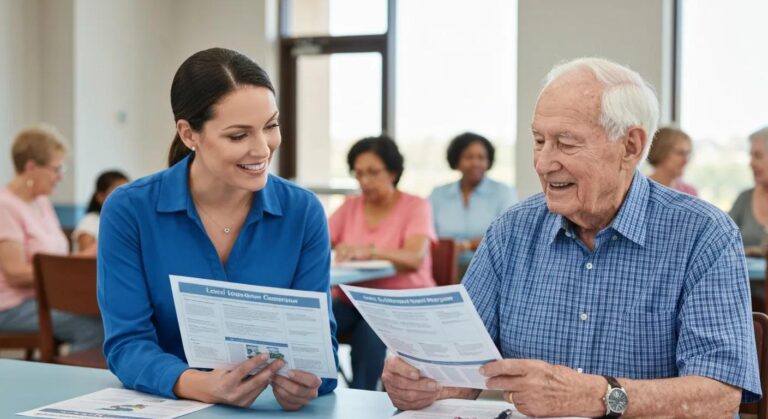 Care coordinator reviewing local Charlotte senior support program resources with an older adult at a community center.