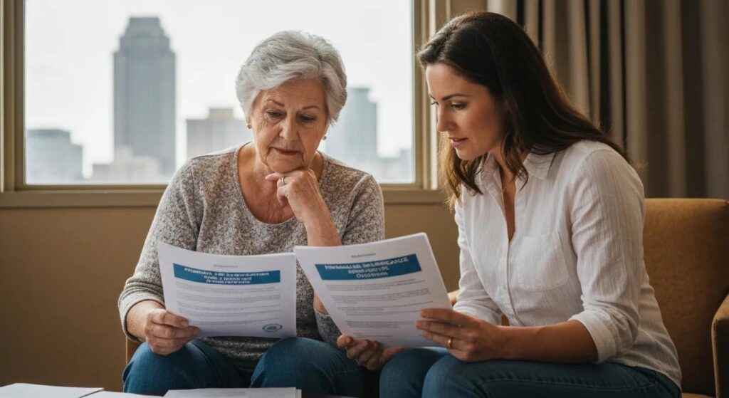 Senior and family caregiver reviewing financial assistance paperwork and support options for senior care in Charlotte.