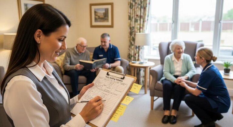 A care coordinator reviewing a daily staffing schedule on a clipboard while caregivers assist residents one-on-one in a quiet lounge, conveying oversight, preparedness, and quality-focused staffing in a senior care setting.