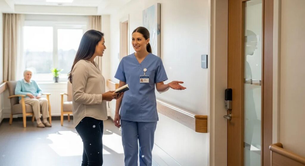 A family member speaking with a staff member in a well-lit facility hallway while observing safety features like handrails and secure doors, with an older adult nearby, conveying careful evaluation of safety, security, and specialized care considerations.