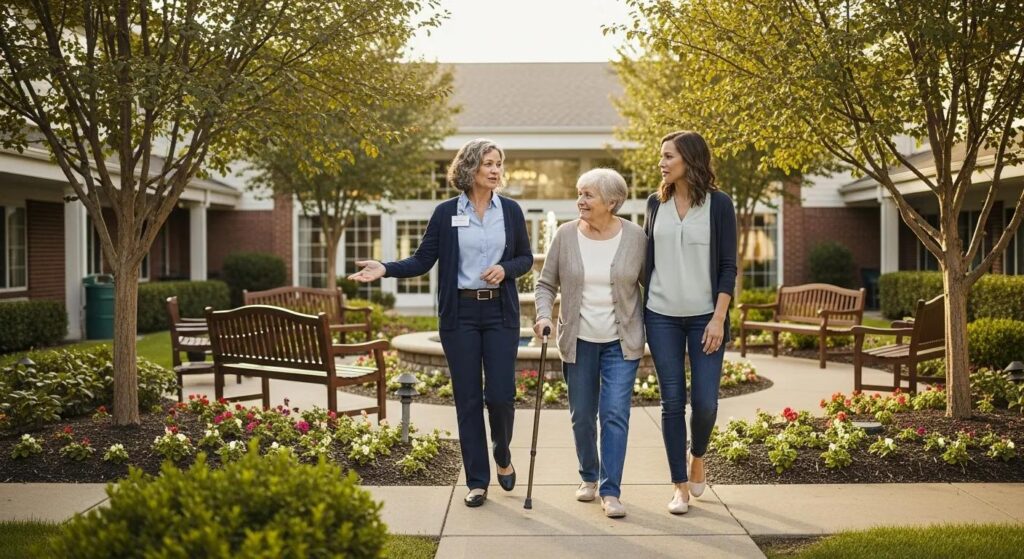 A senior care advisor walking alongside an older adult and family member through a quiet assisted living courtyard, gesturing as they talk, conveying guidance, reassurance, and support during a care placement decision