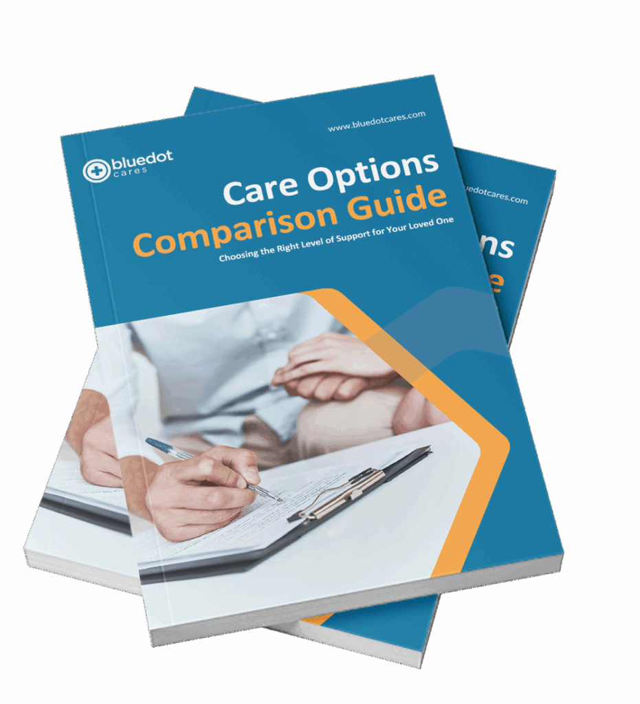 BlueDot Cares Care Options Comparison Guide booklet mockup showing the cover design and title.