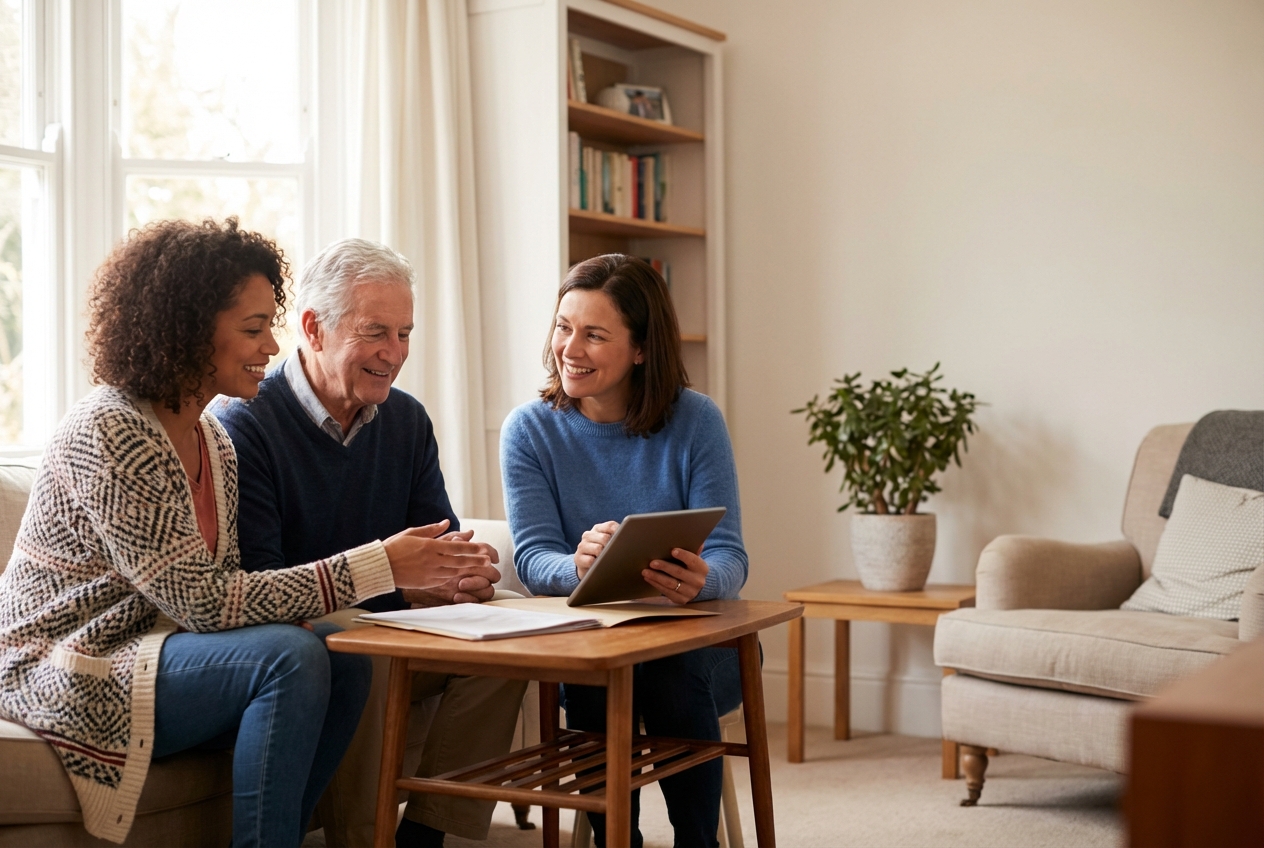 Caregiver discussing care options with an older adult and a family member, positioned on the left side of the frame. | BlueDot Cares