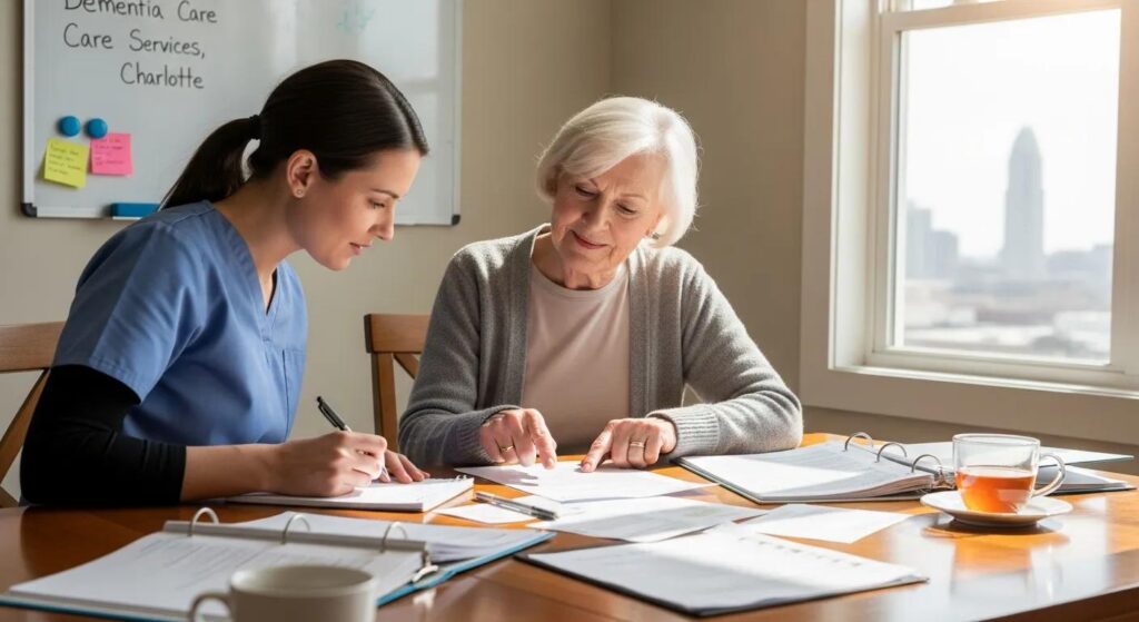 A family member and older adult reviewing care plans at a kitchen table, symbolizing thoughtful planning and preparation for dementia care services.