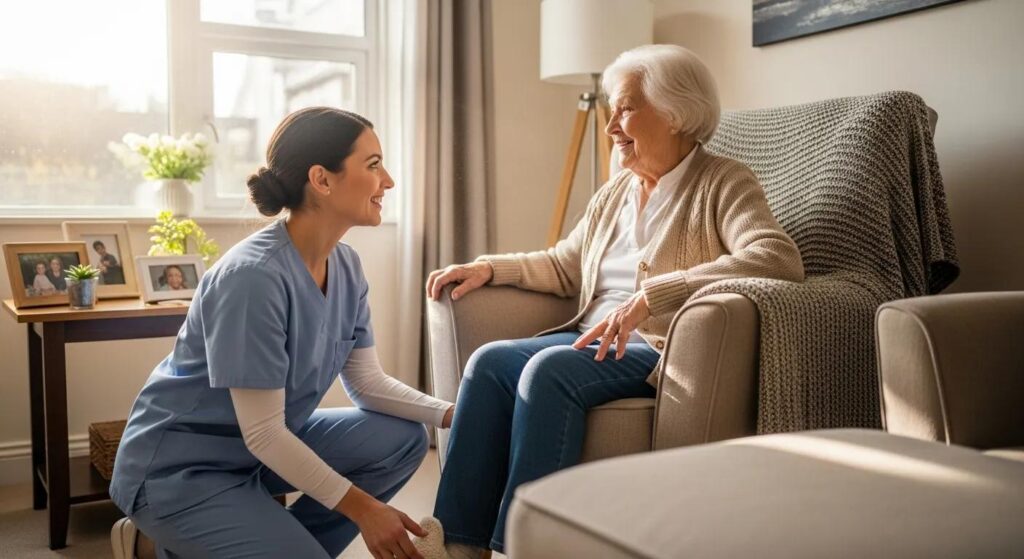 A caregiver assisting a senior at home, conveying trust and compassionate in-home care.