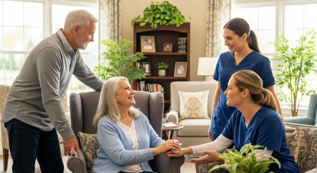 A family speaking with a caregiver in a welcoming assisted living environment.