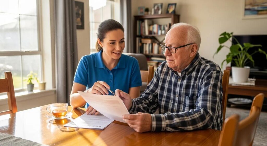 A caregiver consulting with a senior at home, reviewing individual needs to tailor personalized care.