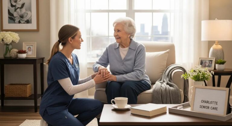 A professional caregiver providing attentive in-home support to a senior in a comfortable home setting.