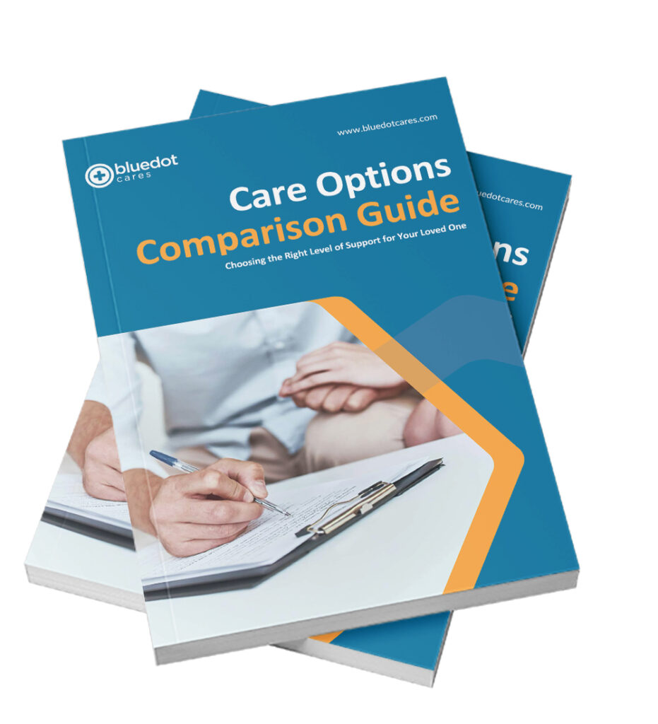 BlueDot Cares Care Options Comparison Guide booklet mockup showing the cover design and title.