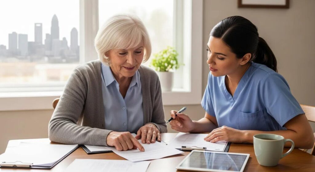 A caregiver and older adult reviewing care plans at a kitchen table, symbolizing thoughtful planning and preparation for dementia care services in Charlotte.
