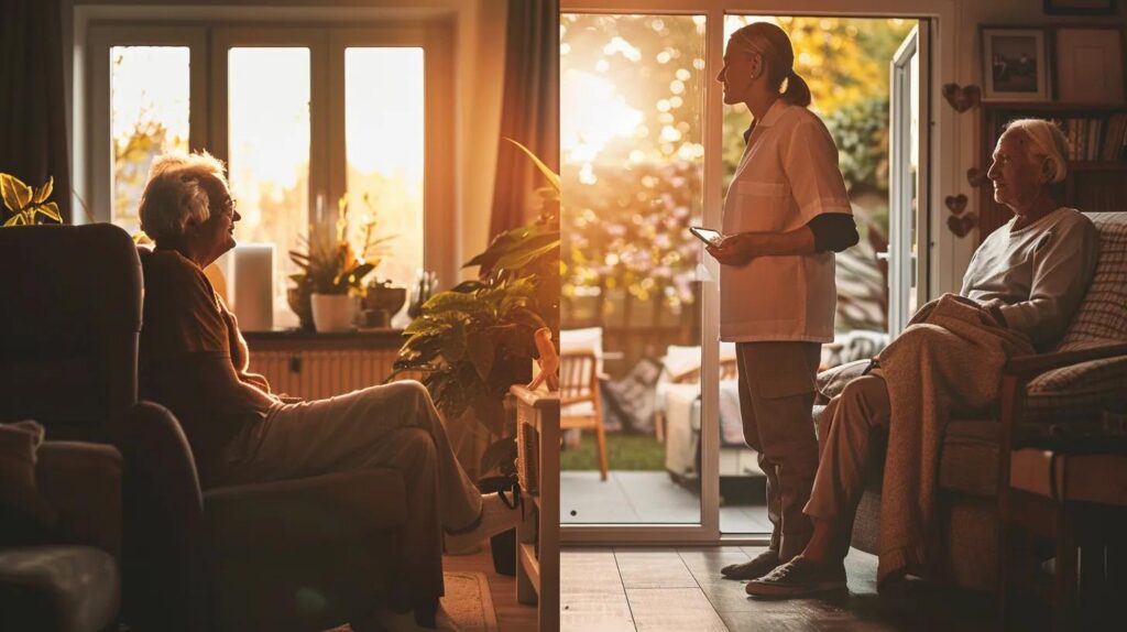 Split-scene realistic photo-style image of real humans comparing dementia care and respite care: left side shows an elderly person with dementia at home with a trained human caregiver providing memory support in a calm, safe environment with soft lighting; right side shows a family caregiver resting outside while a professional human caregiver assists the senior indoors, warm supportive atmosphere; modern home setting, compassionate mood, natural colors, high detail, 16:9 ratio, professional healthcare theme, no text, no labels.