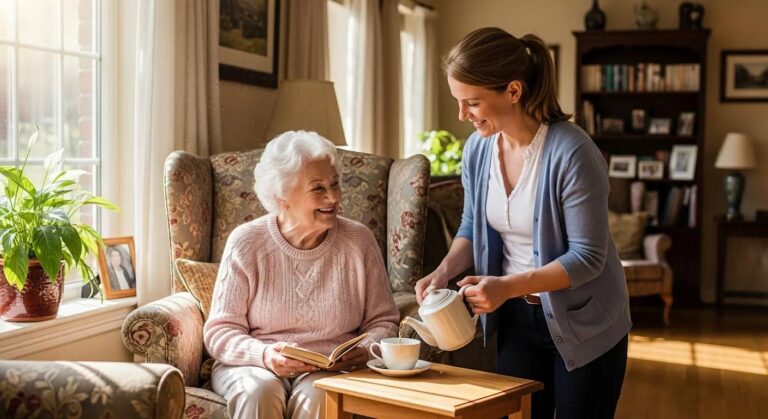 Compassionate caregiver providing short-term in-home respite care, assisting a smiling senior with daily activities in a comfortable home setting.