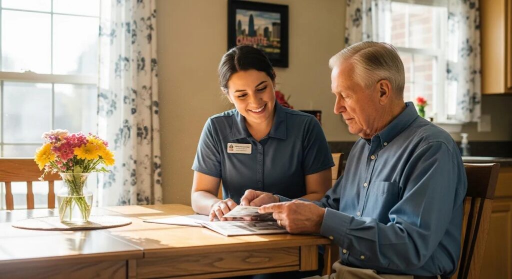 Caregiver assisting senior at home in Charlotte