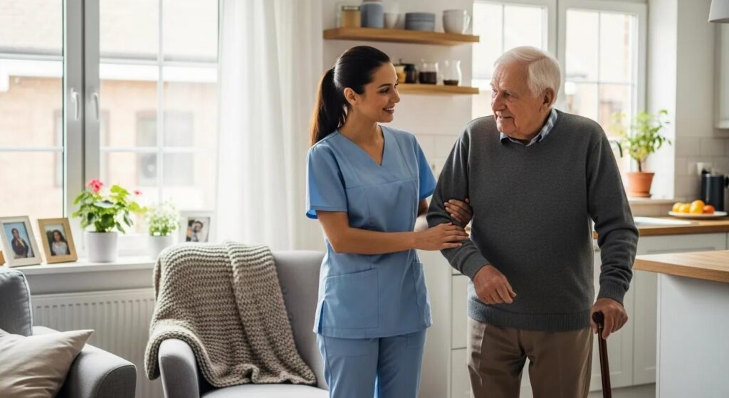 Caring home caregiver assisting a senior safely at home