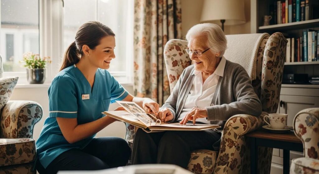 Caregiver interacting responsibly with a senior at home
