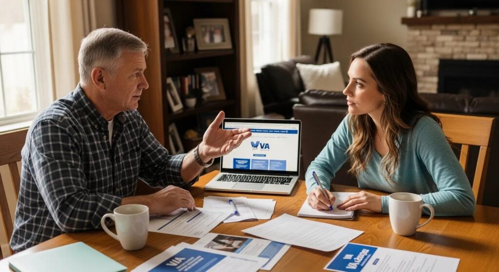 Veteran receiving help with daily activities from a caregiver at home in a safe and supportive environment