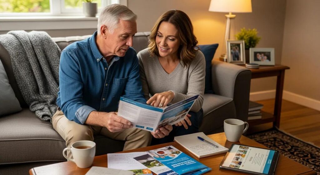 Veteran and family member reviewing in-home care options together in a comfortable home setting