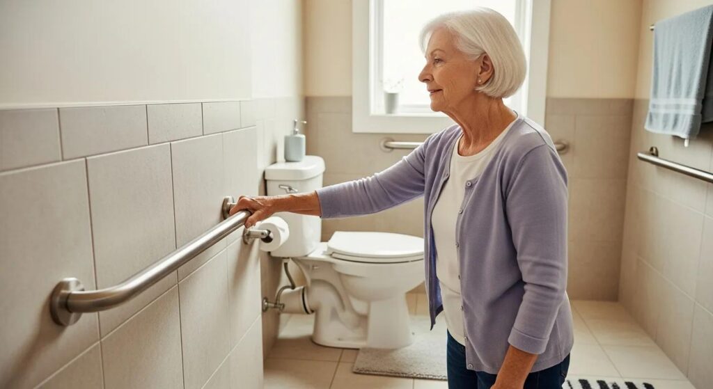 Senior using a grab bar at home to prevent falls