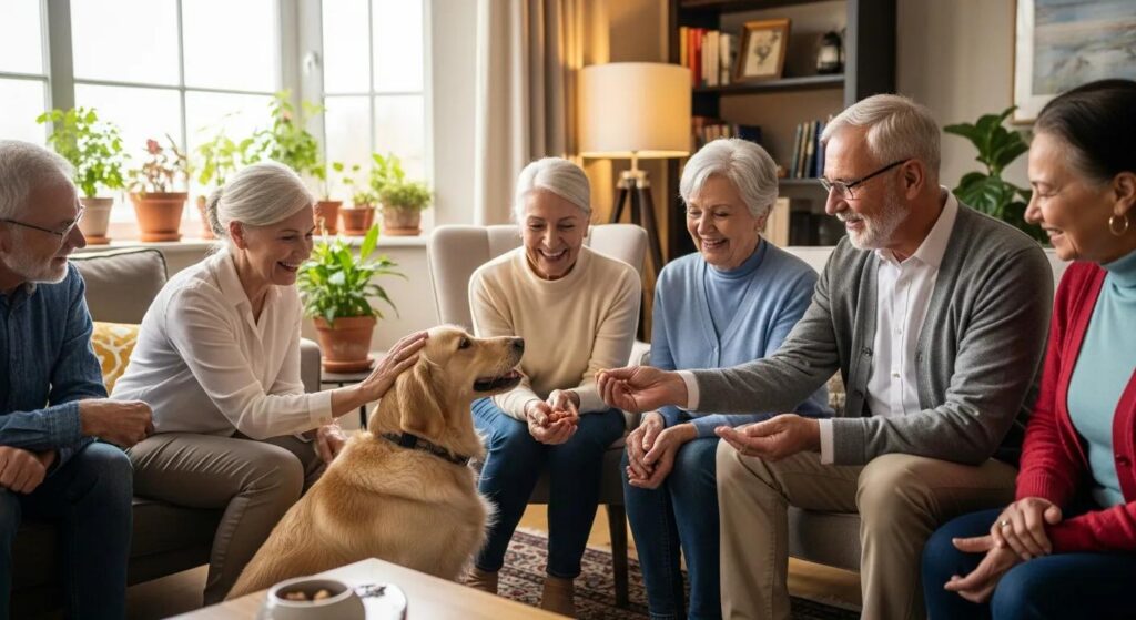 Group of older adults smiling and interacting with a friendly therapy dog in a relaxed indoor setting