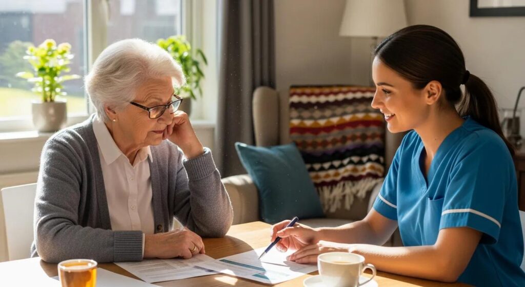 Elderly adult and caregiver reviewing care options together at home in a warm, well-lit setting