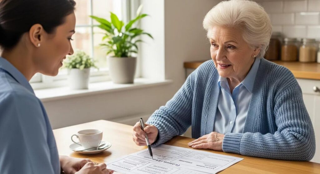 Older adult discussing changing needs with a caregiver while referencing a care plan document in a home setting