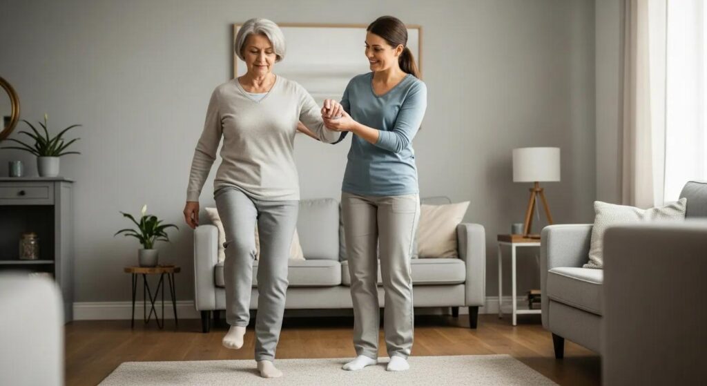 Older adult practicing simple balance exercises with caregiver support in a safe home setting