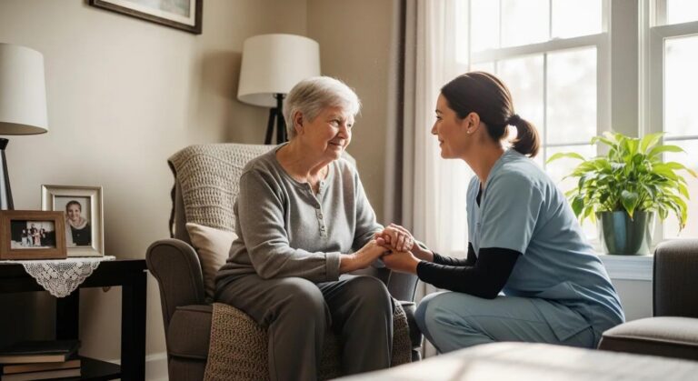 Older adult with dementia receiving calm, attentive support from a caregiver at home in a safe and familiar environment