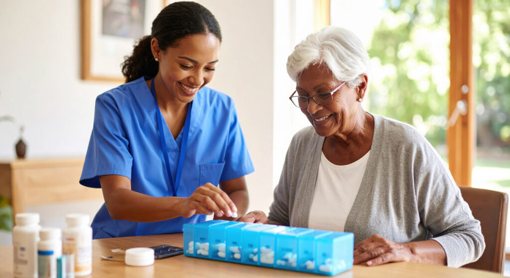 Caregiver in blue scrubs giving care to a smiling senior woman at a kitchen table with medication organizer.