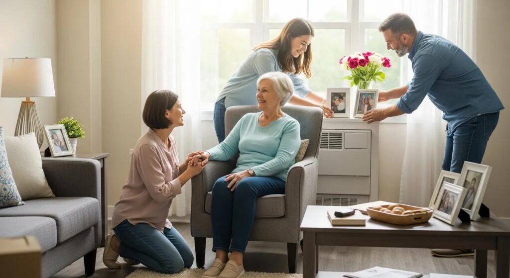 Family helping an older adult transition into an assisted living environment with a calm, supportive atmosphere