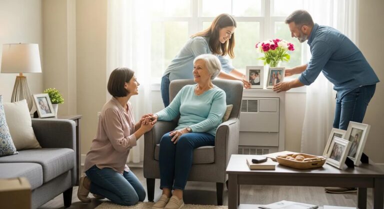 Family helping an older adult transition into an assisted living environment with a calm, supportive atmosphere