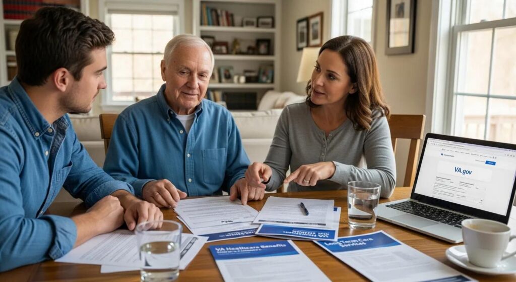 Veteran and family member discussing VA care options together at a table with paperwork in a home setting
