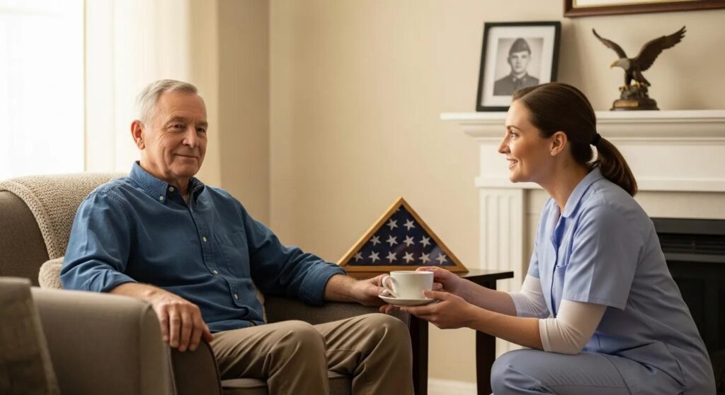 Veteran receiving in-home support from a caregiver with subtle patriotic memorabilia in the background in a calm home setting