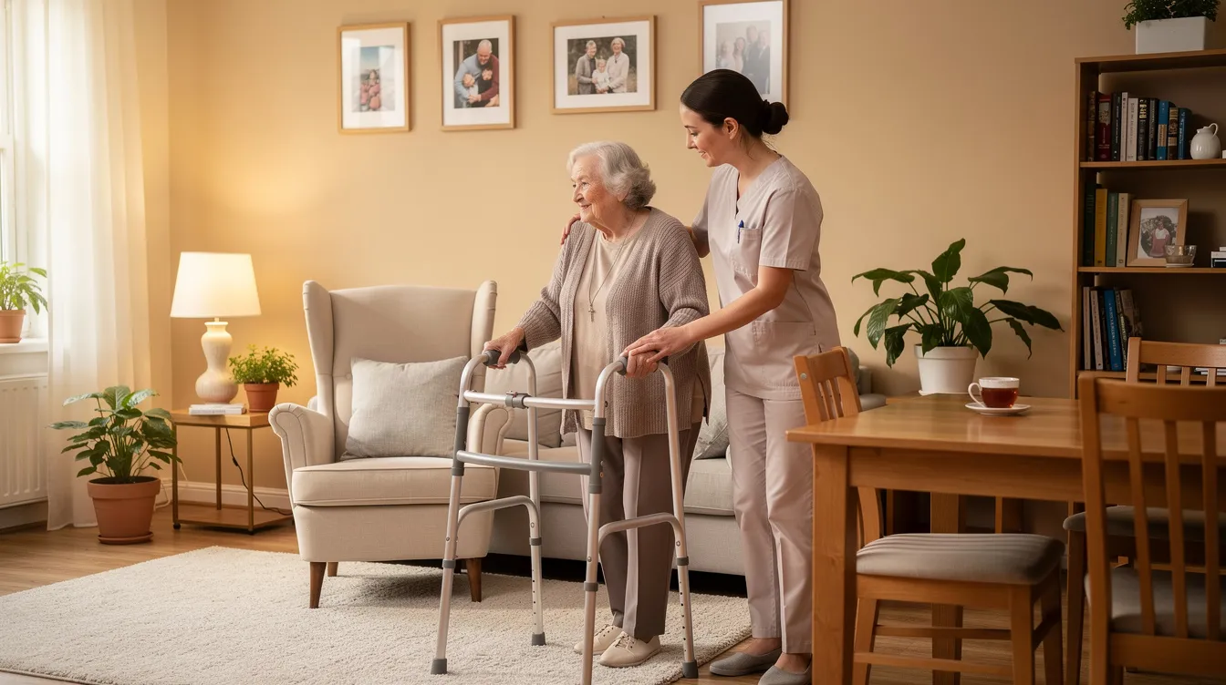 A caregiver is gently assisting an elderly person with daily living activities in a cozy home environment, highlighting the importance of respite care services for family caregivers. This scene emphasizes the compassion and support needed to help loved ones maintain their well-being while allowing primary caregivers a much-needed break.